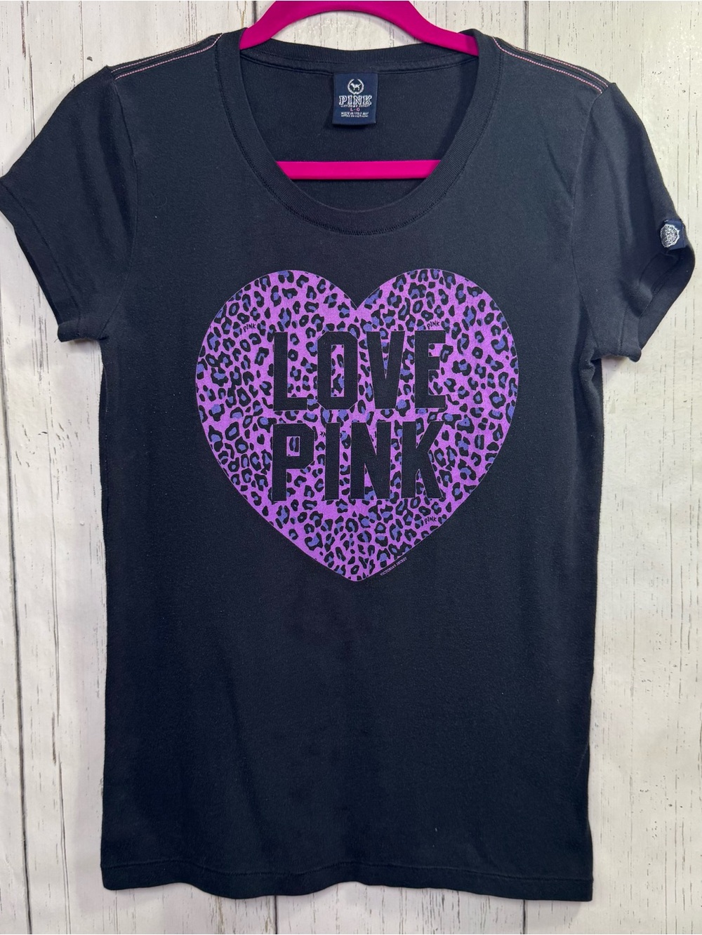 Pink Victorias Secret Black Size L Leopard Heart Graphic Tee Y2K Logo Faded 90s